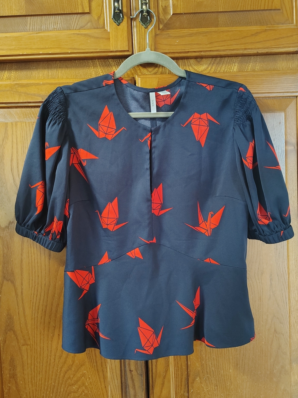 Lewit Silk Blend Origami Paper Crane Novelty Peplum Blue Red Keyhole Blouse Sz M